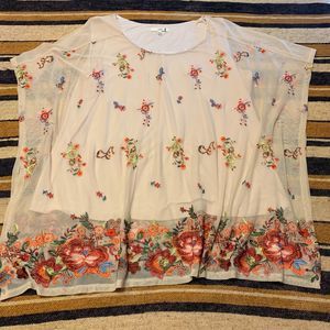 Cleo Kai Floral Mesh Blouse XL Boho Ivory Embroidery Sheer Cottagecore Granny